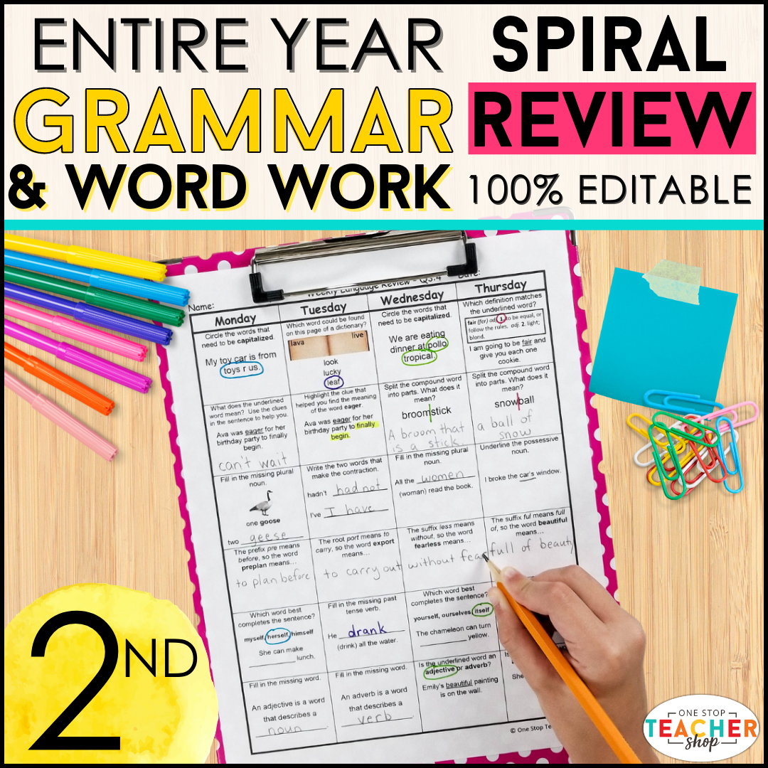 20% Off - 2nd Grade Language Spiral Review & Quizzes