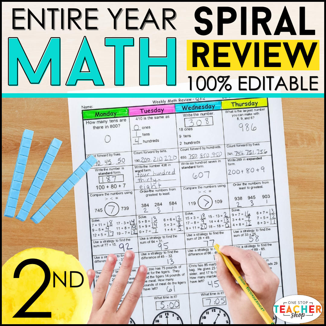 20% Off - 2nd Grade Math Spiral Review & Quizzes
