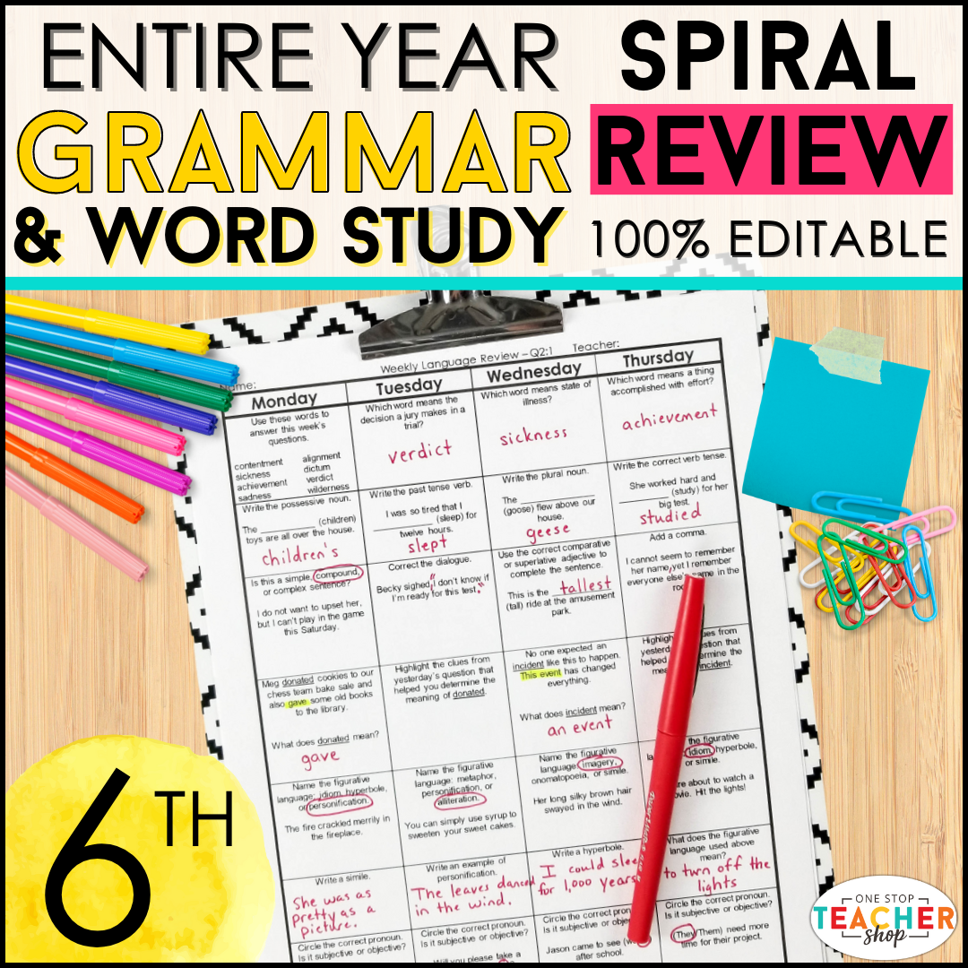 20% Off - 6th Grade Language Spiral Review & Quizzes
