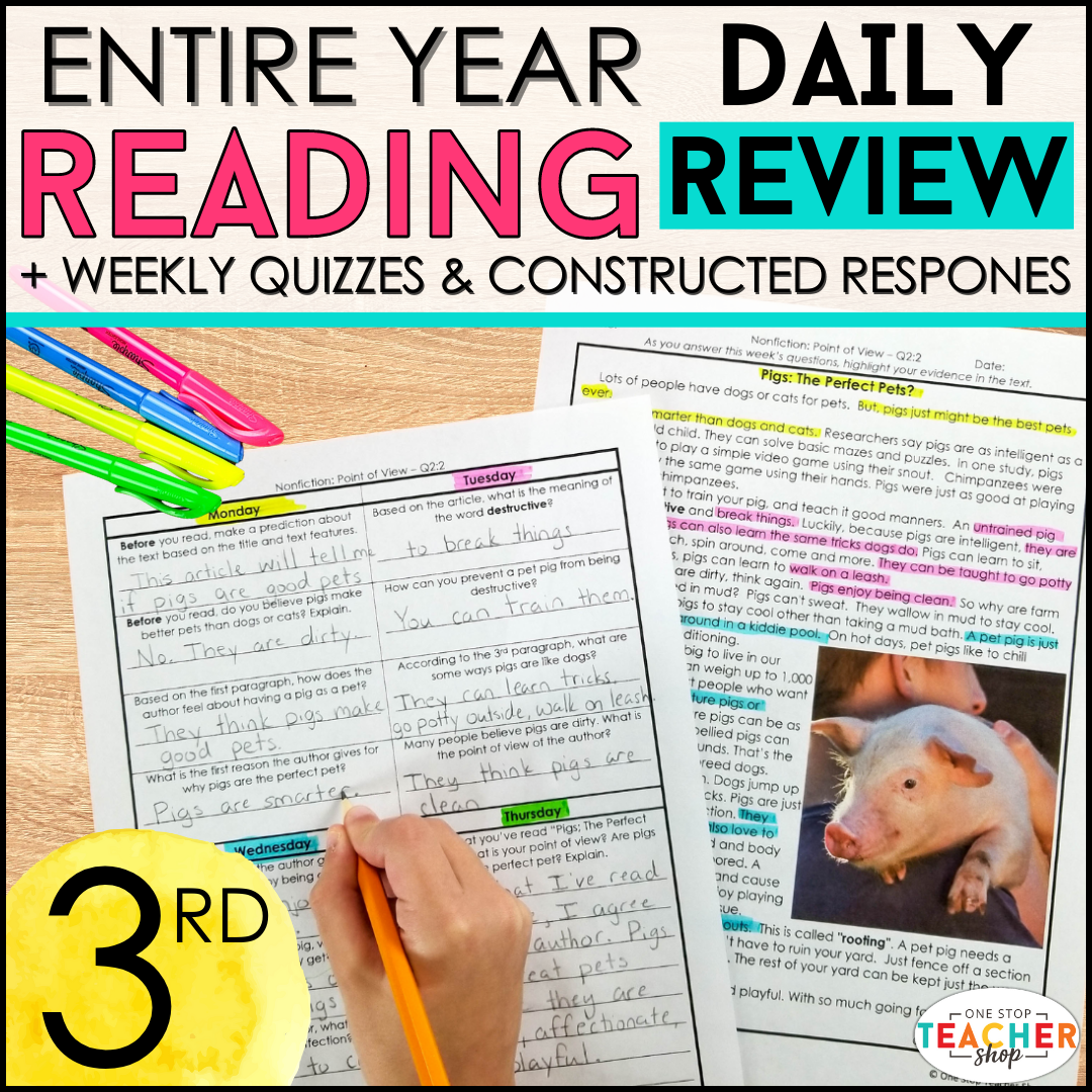 20% Off - 3rd Grade Reading Spiral Review & Quizzes