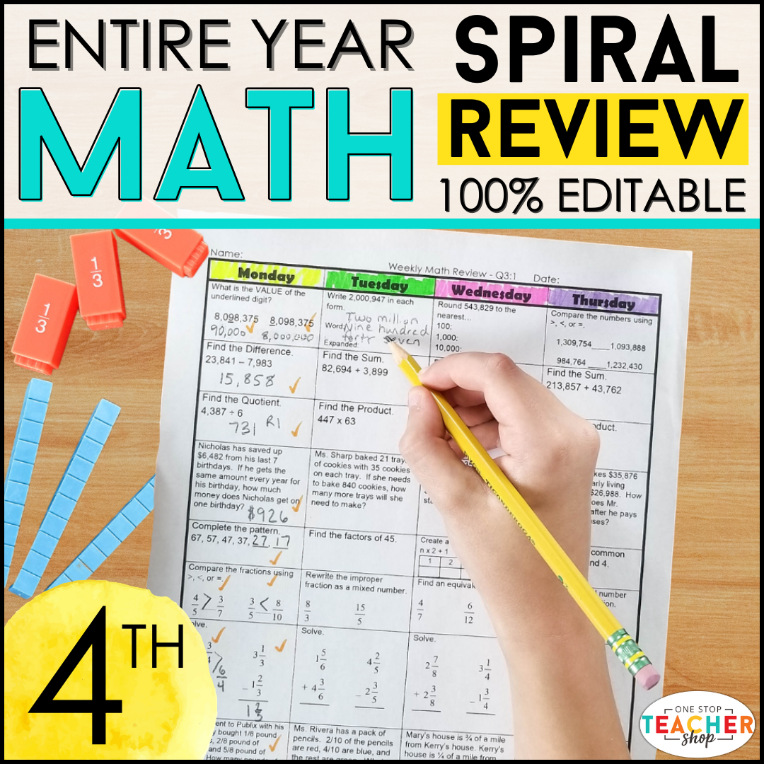 4th Grade Math Spiral Review & Quizzes