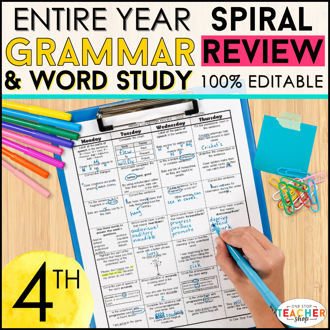 20% Off - 4th Grade Language Spiral Review & Quizzes