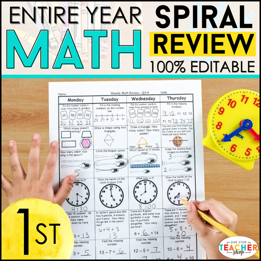 20% Off - 1st Grade Math Spiral Review & Quizzes