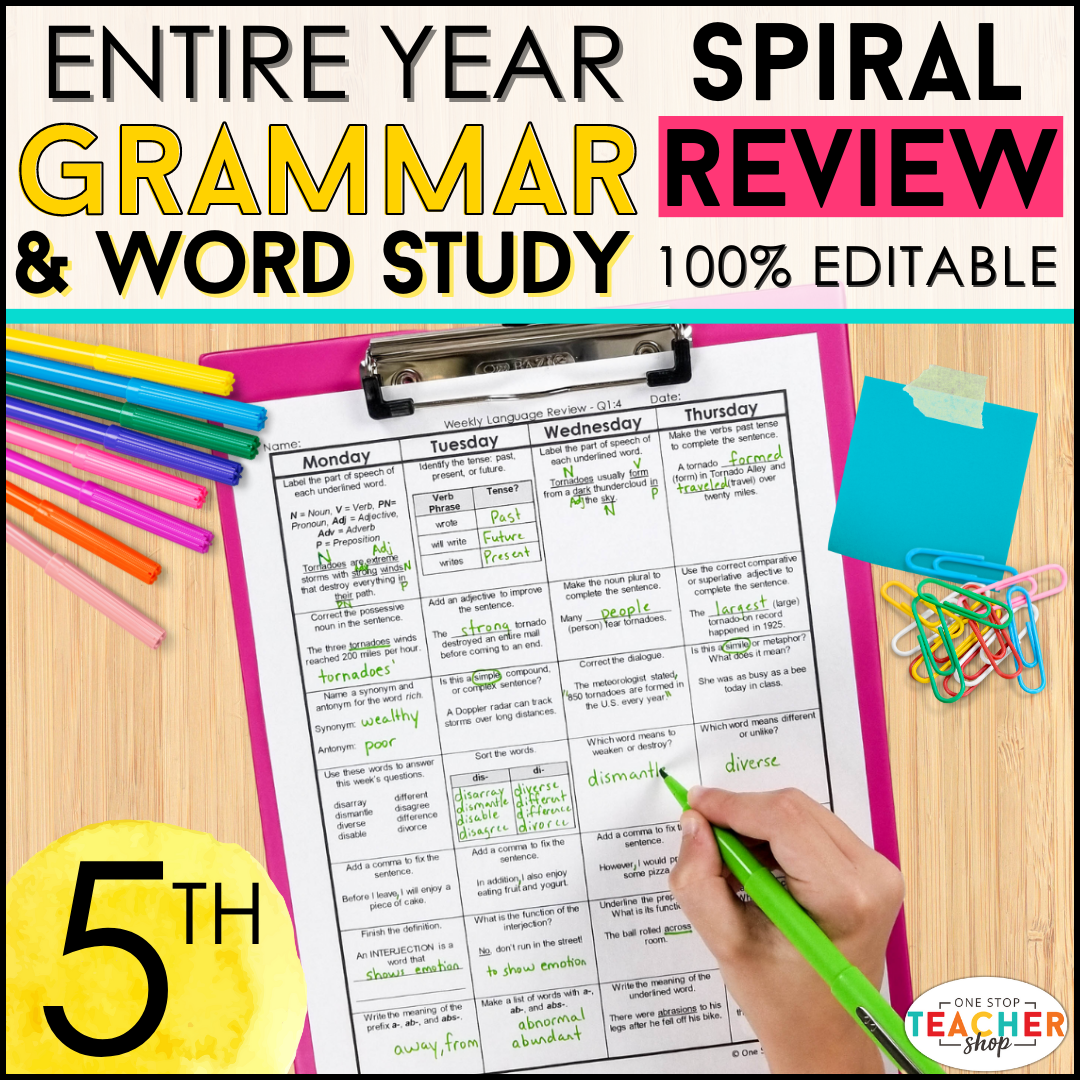 20% Off - 5th Grade Language Spiral Review & Quizzes